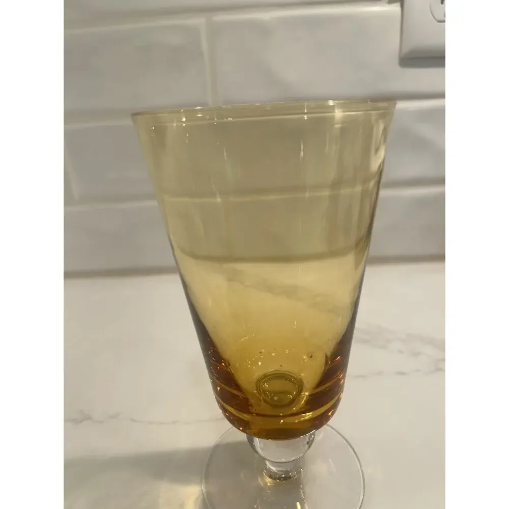 Vtg Set Of 4 Amber Crystal Iced Tea Glasses Bubble Accent Stems 3 Lg And 1 Small